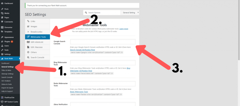 Rank Math Google Webmasters Verification